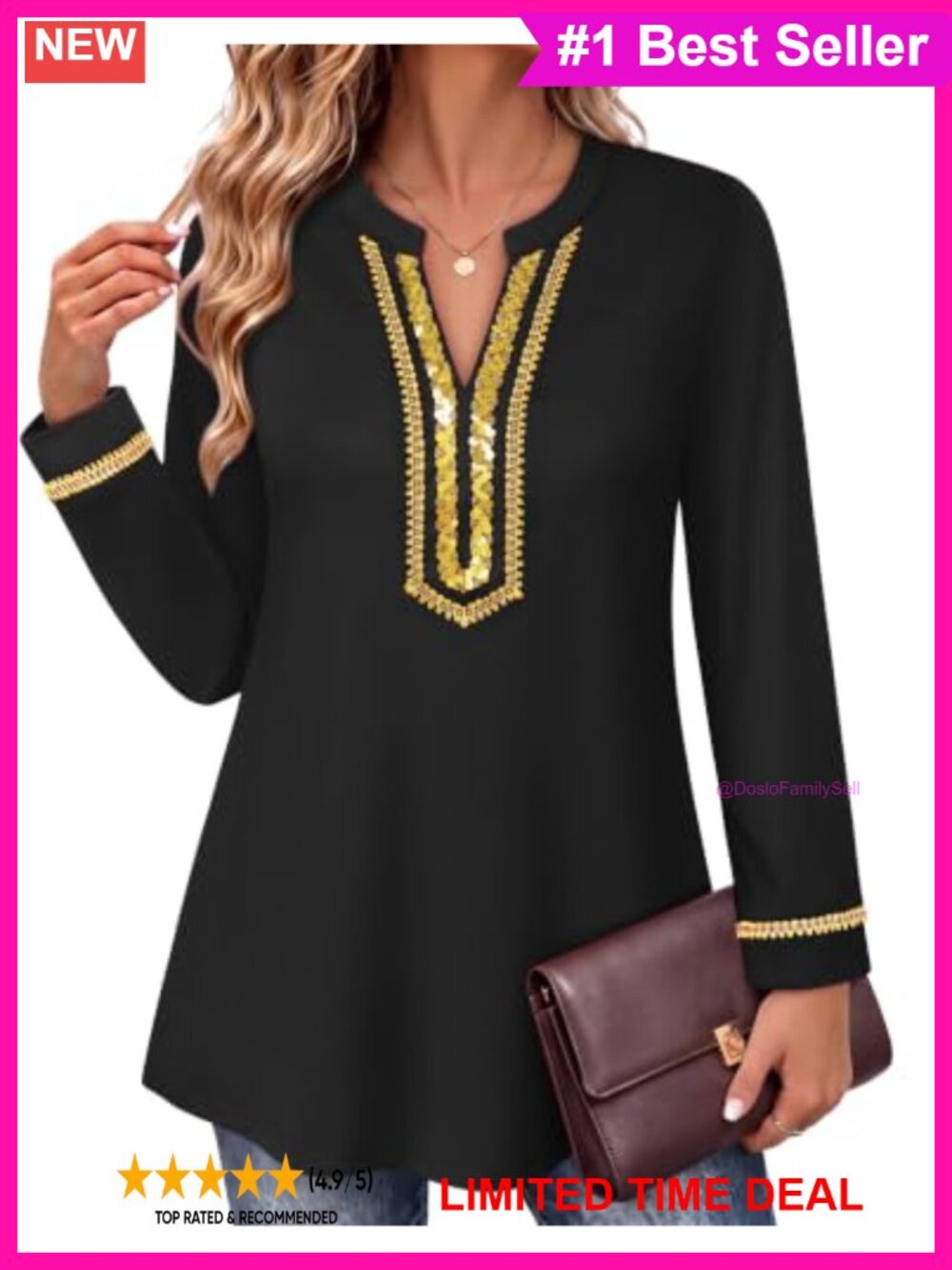 Womens Embroidered Sequin Henley Tunic Top Long Sleeve Blouse